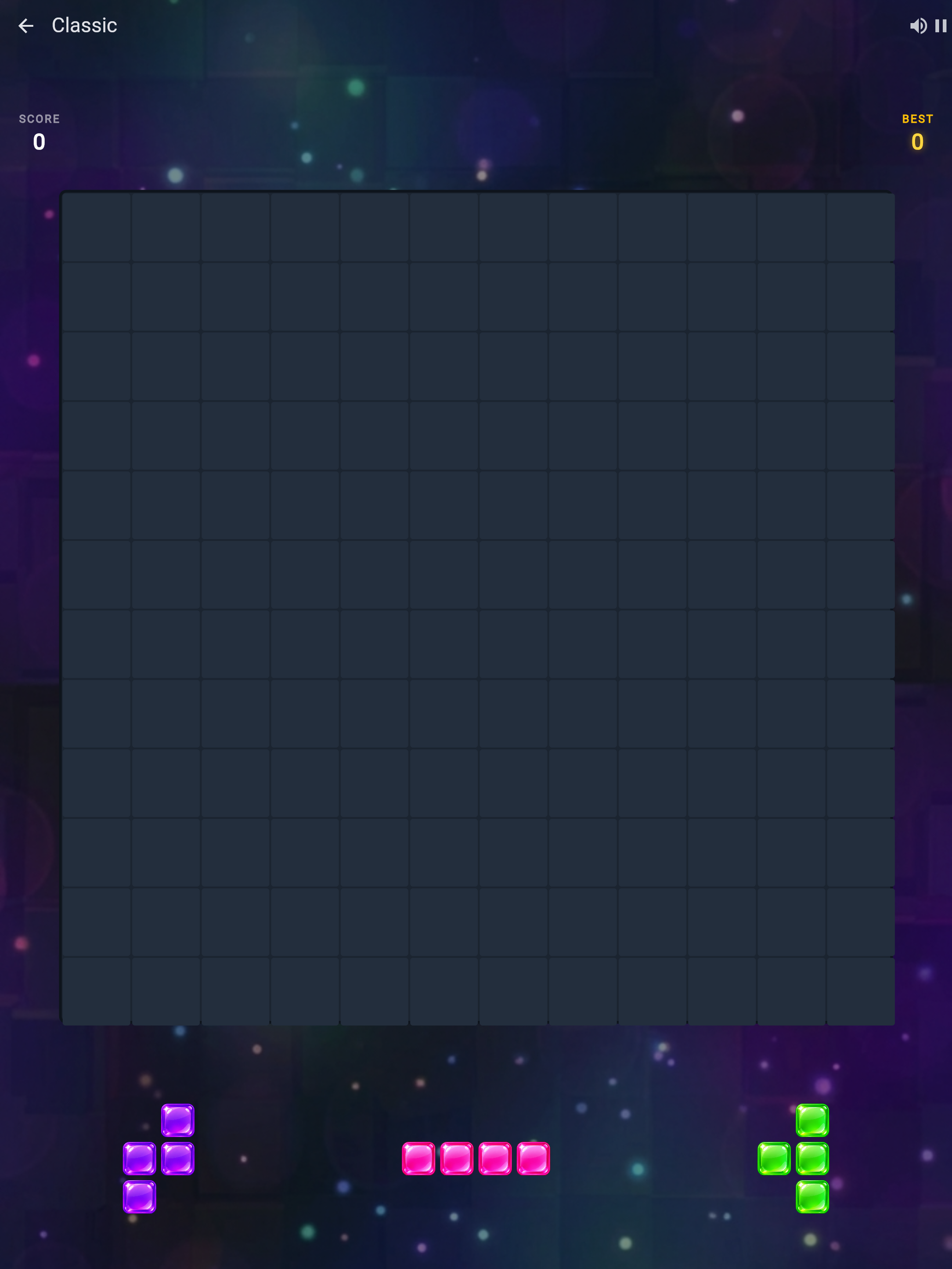 Block Puzzle Plus Classic mode gameplay, a 12 by 12 grid with a tray of colorful blocks