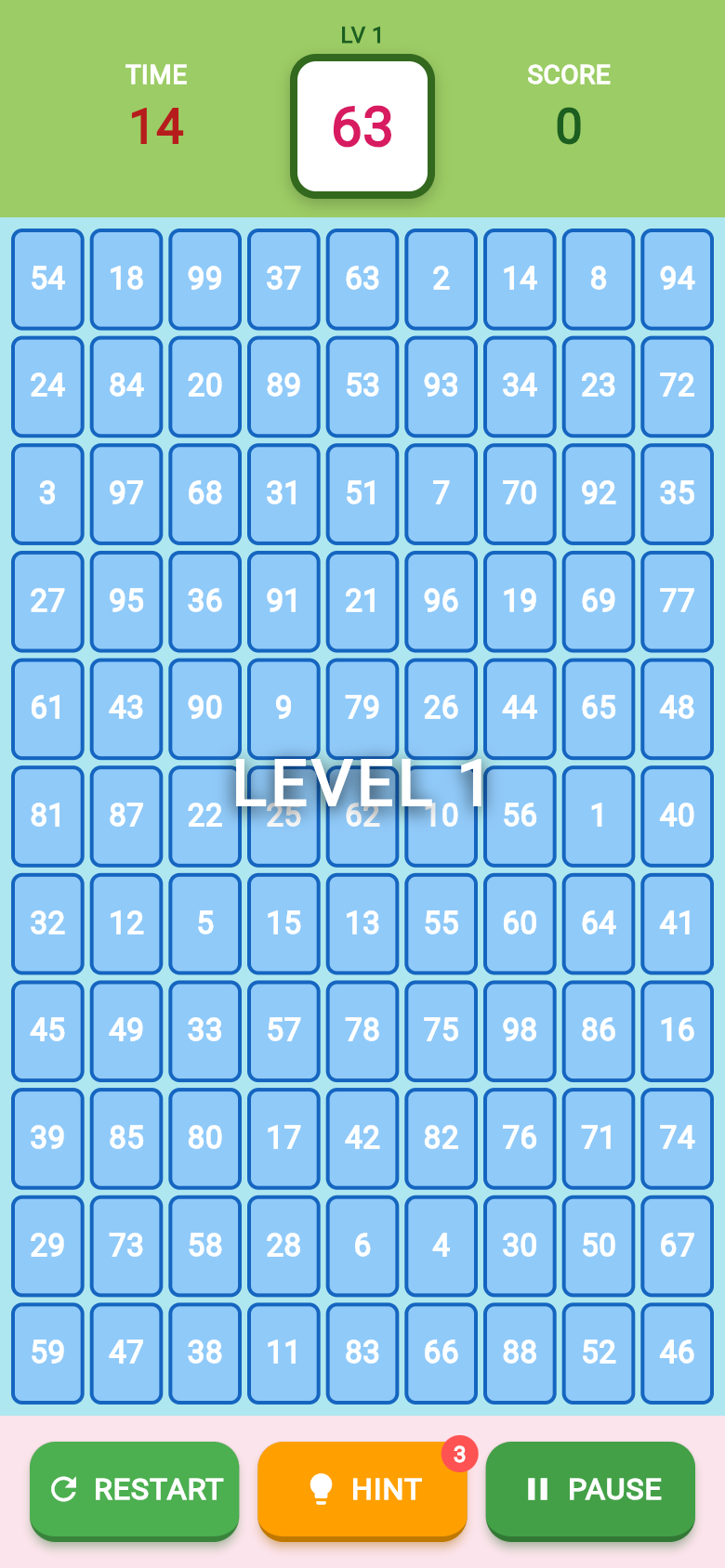 99 Numbers gameplay, a 9 by 11 grid of numbers with a target number and countdown timer
