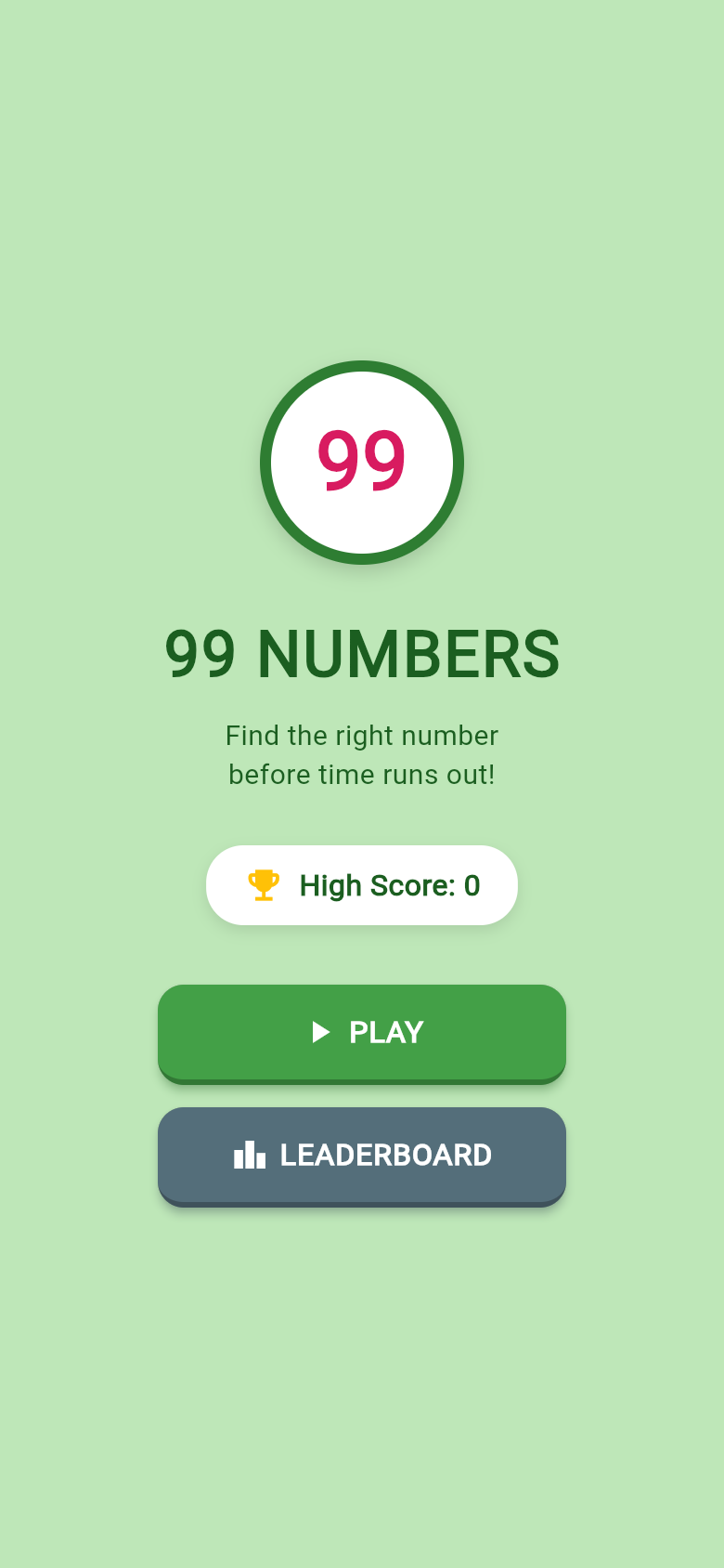 99 Numbers main menu