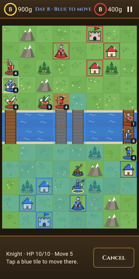 A battle in progress: a knight is selected and the tiles it can reach are highlighted