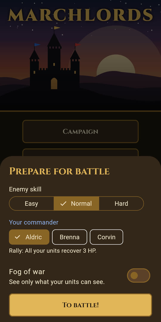 The battle setup sheet: enemy skill, commander and fog of war
