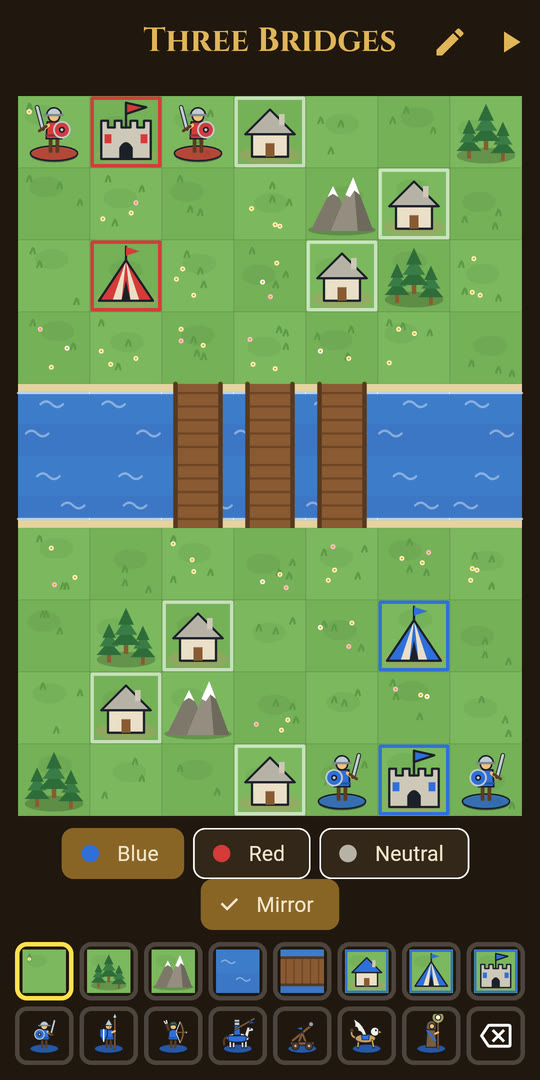 The map editor with terrain and unit tools