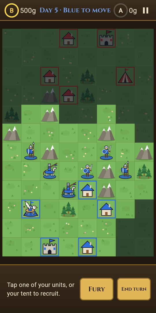 A battle under fog of war, with only the area around the blue army visible