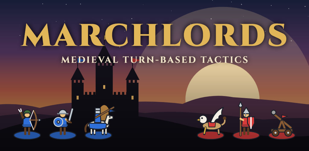 Marchlords: a castle at dusk, with a blue army facing a red army