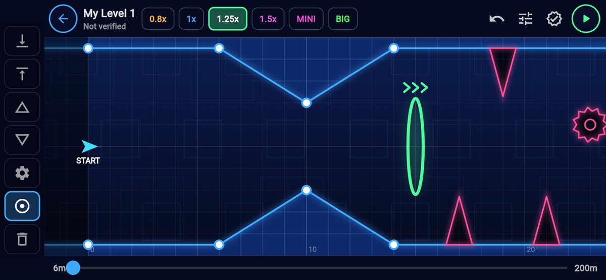 Wave Rush level editor with walls, spikes, a saw and a speed portal placed on a grid