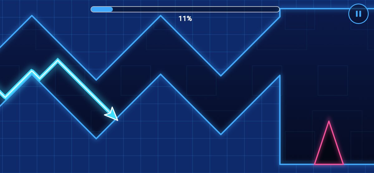 Wave Rush gameplay: a glowing arrow leaving a zig-zag tunnel toward a room of spikes