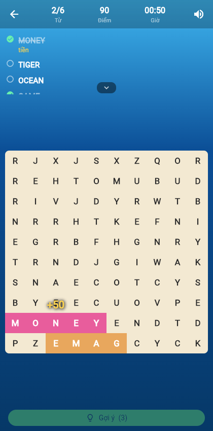Gameplay WordHunt - Tra Từ: tìm được từ MONEY, nghĩa 'tiền' hiện ngay bên dưới