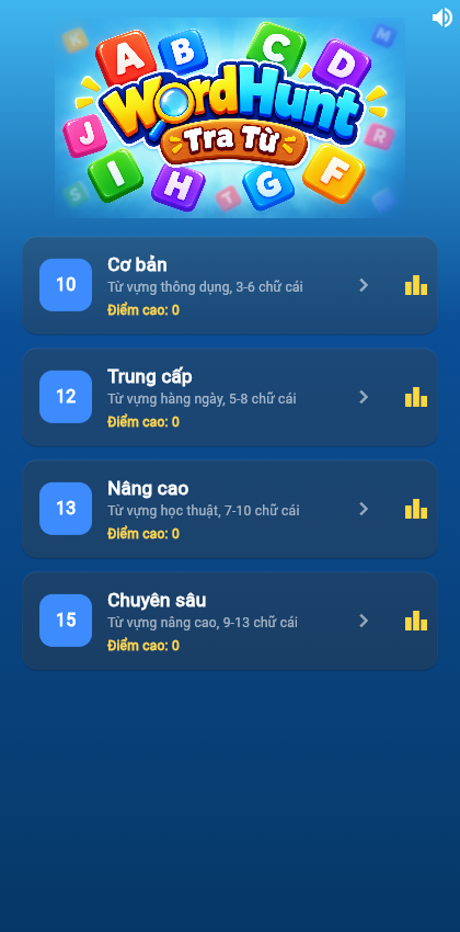 Màn hình chọn cấp độ của WordHunt - Tra Từ, 4 cấp độ từ Cơ bản đến Chuyên sâu